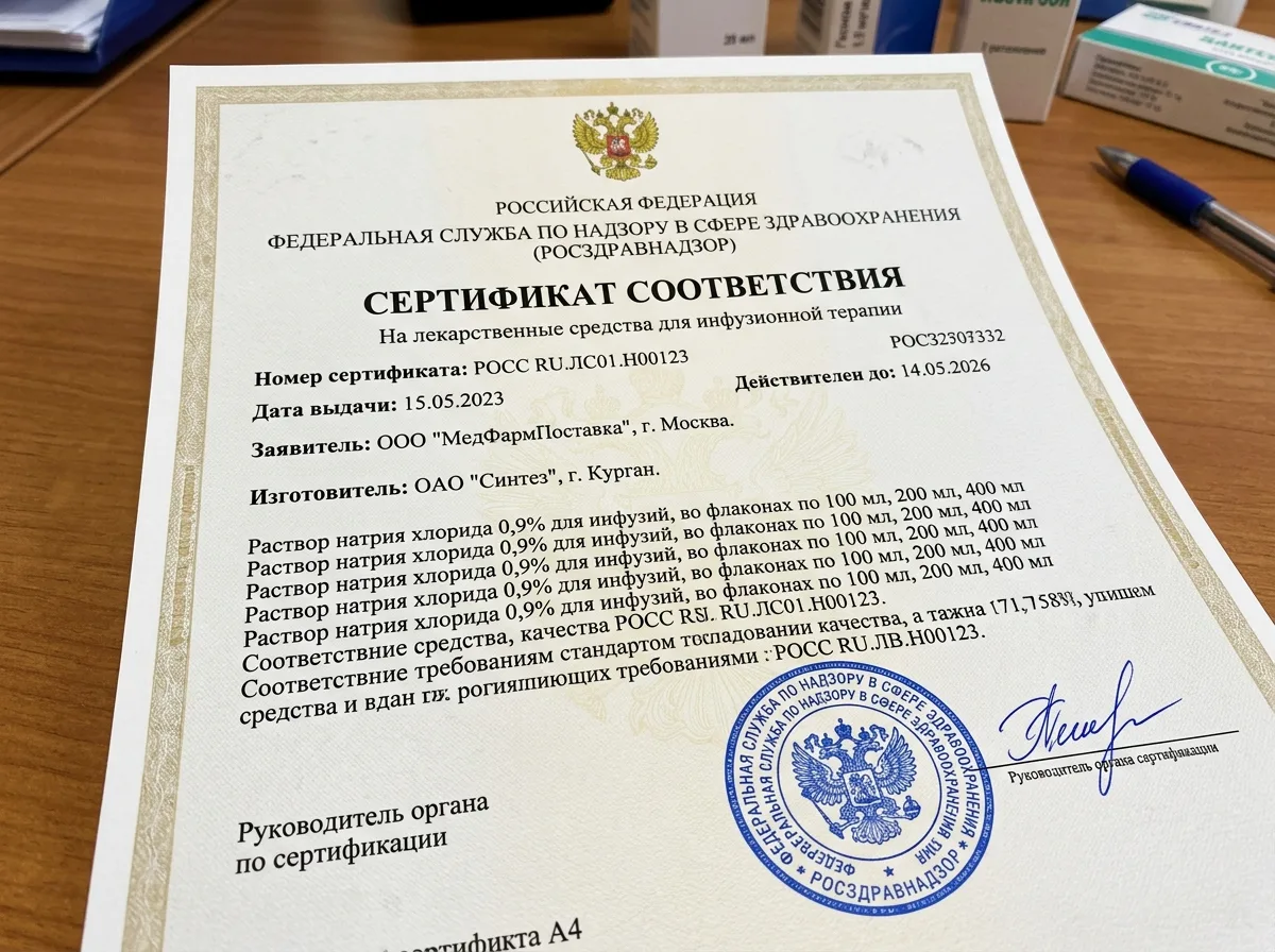 Сертификат соответствия сертифицированных препаратов для инфузионной терапии — документ с печатью Росздравнадзора