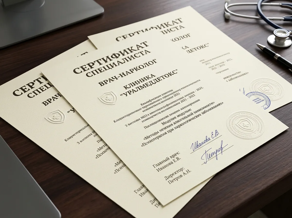 Сертификаты специалистов врачей-наркологов клиники УралМедДетокс — документы с подписями и гербовыми печатями